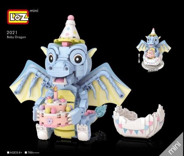 Baby Dragon light blue with Birthday Cake (mini blocks)