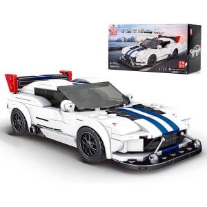 White sports car with blue front stripes incl. display box 