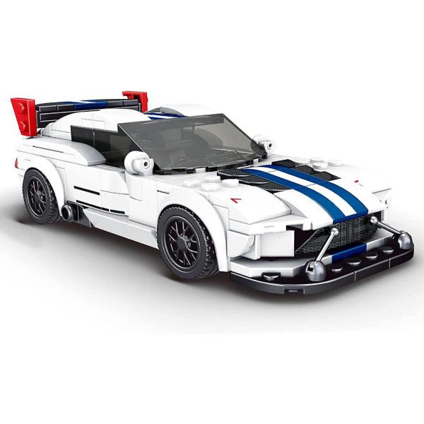 White sports car with blue front stripes incl. display box 