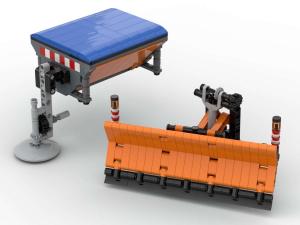 Salt spreader and snow plough attachment for municipal multi-purpose vehicle 1:18