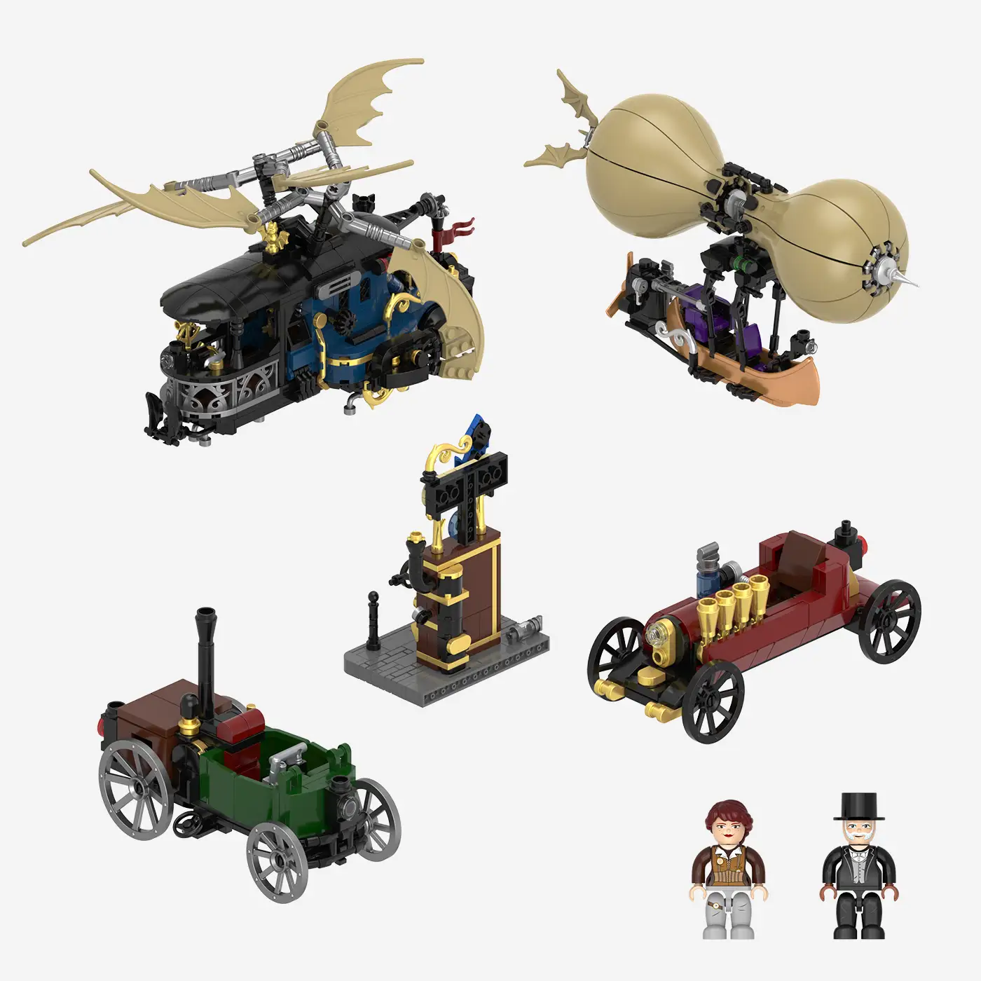 Steampunk Motorwagen und Flugmaschinen