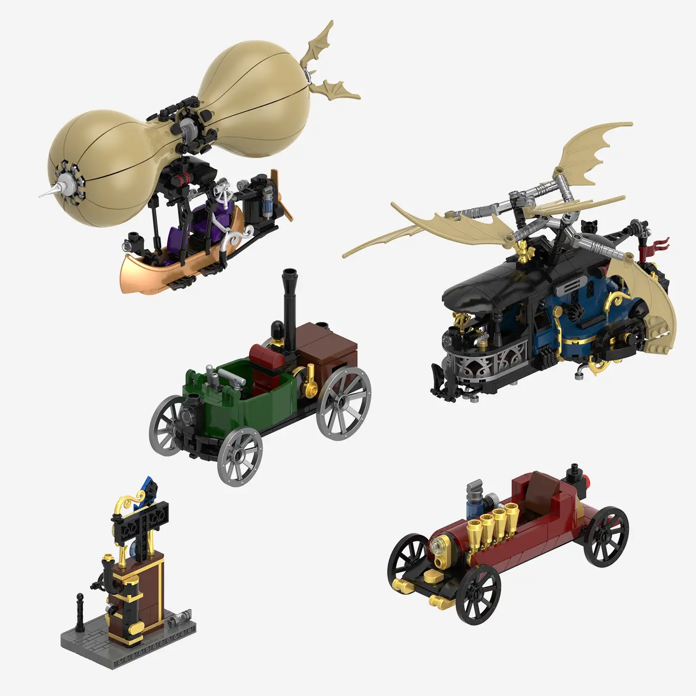 Steampunk Motorwagen und Flugmaschinen